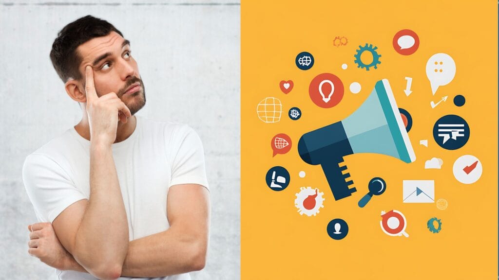 A man thinking digital marketing meaning infographic showing key components.